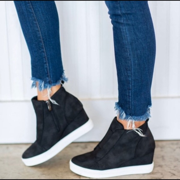 Shoes - Black Faux Suede Wedge Sneakers